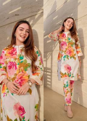 Women's Knee Length Mandarin Collar Cuffed Sleeves Floral Printed Co-ords Set (K111) 2