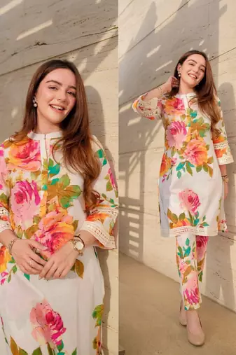 Women's Knee Length Mandarin Collar Cuffed Sleeves Floral Printed Co-ords Set (K111)