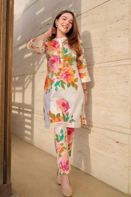 Women's Knee Length Mandarin Collar Cuffed Sleeves Floral Printed Co-ords Set (K111) 3