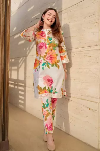 Women's Knee Length Mandarin Collar Cuffed Sleeves Floral Printed Co-ords Set (K111)