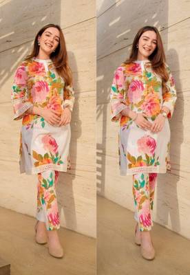 Women's Knee Length Mandarin Collar Cuffed Sleeves Floral Printed Co-ords Set (K111) 4