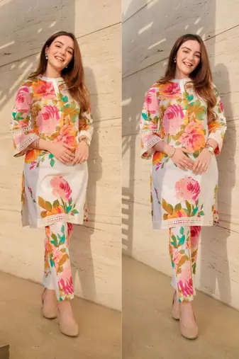 Women's Knee Length Mandarin Collar Cuffed Sleeves Floral Printed Co-ords Set (K111)