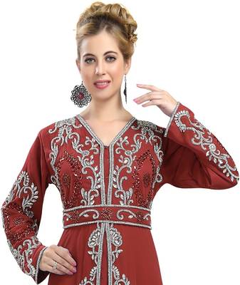 Maroon color full sleeves Handmade Moroccan Kaftan with Sun-proof hiijab 2