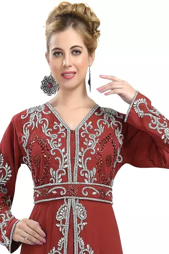 Maroon color full sleeves Handmade Moroccan Kaftan with Sun-proof hiijab