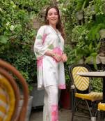 Women's Floral Printed Knee Length V Neck Rayon Co-ords Set (K113)