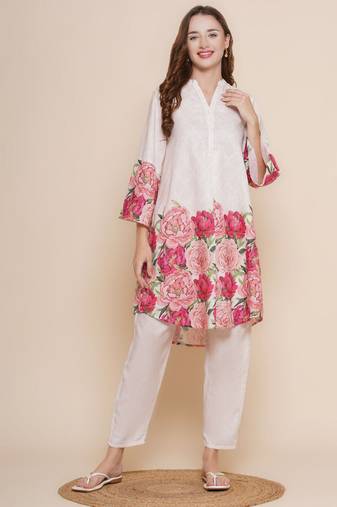 Women's Floral Printed Knee Length V Neck Rayon Co-ords Set (K122)