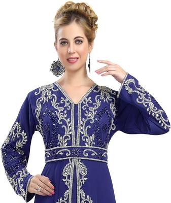 Navy-Blue color full sleeves Handmade Moroccan Kaftan with Sun-proof hijab 2