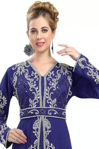 Navy-Blue color full sleeves Handmade Moroccan Kaftan with Sun-proof hijab