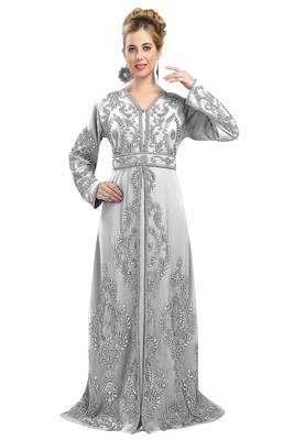 Off-White color full sleeves Handmade Moroccan Kaftan with Sun-proof hijab 1
