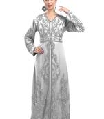 Off-White color luxurious full sleeves Handmade Moroccan Kaftan with Sun-proof hijab.