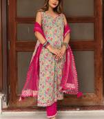 Women's Floral Printed Knee Length V Neck Kurti And Pant Set With Dupatta (K133)