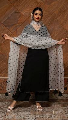 black rayon kurti palazzo set with printed dupatta 1