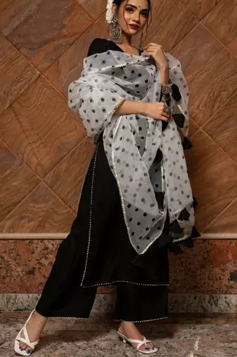 black rayon kurti palazzo set with printed dupatta