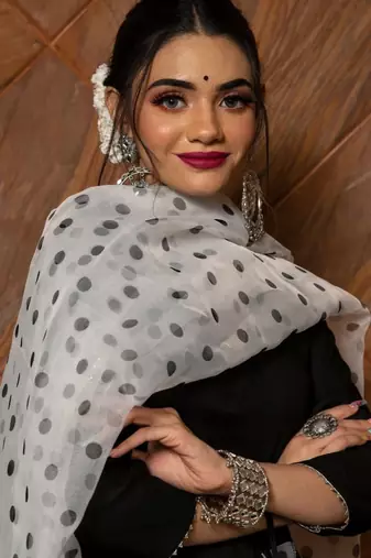 black rayon kurti palazzo set with printed dupatta