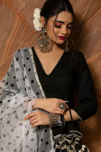 black rayon kurti palazzo set with printed dupatta