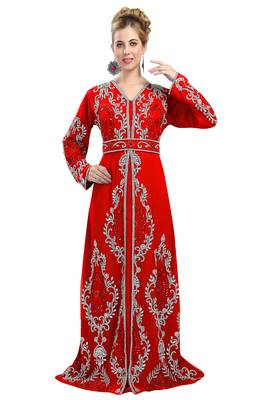 Red color full sleeves Handmade Moroccan Kaftan with Sun-proof hiijab 1