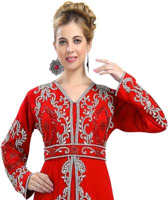 Red color full sleeves Handmade Moroccan Kaftan with Sun-proof hiijab 2