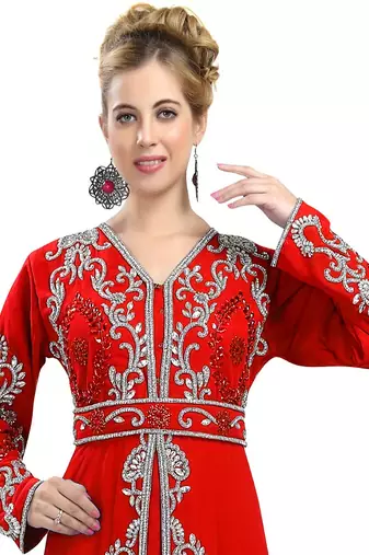 Red color full sleeves Handmade Moroccan Kaftan with Sun-proof hiijab