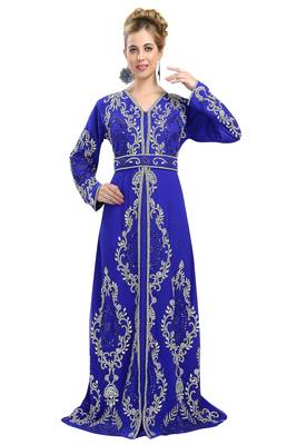Royal-Blue color full sleeves Handmade Moroccan Kaftan with Sun-proof hiijab 1