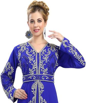 Royal-Blue color full sleeves Handmade Moroccan Kaftan with Sun-proof hiijab 2