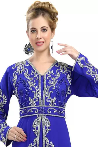 Royal-Blue color full sleeves Handmade Moroccan Kaftan with Sun-proof hiijab