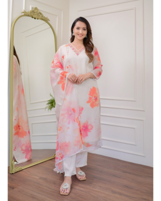 Organza Fabric Straight Kurta, Pant and Dupatta Set 1