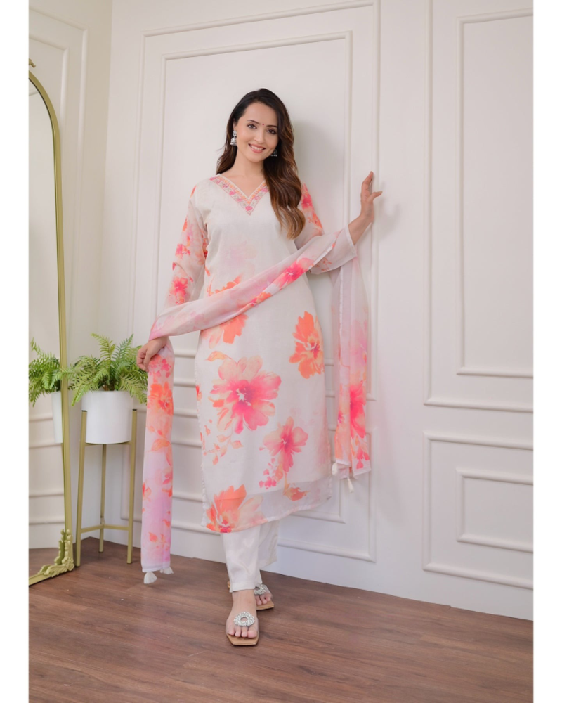 Organza Fabric Straight Kurta, Pant and Dupatta Set