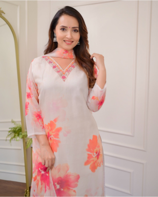 Organza Fabric Straight Kurta, Pant and Dupatta Set 3