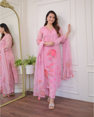 Organza Fabric Straight Kurta, Pant and Dupatta Set 1