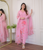 Organza Fabric Straight Kurta, Pant and Dupatta Set