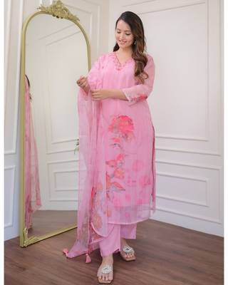 Organza Fabric Straight Kurta, Pant and Dupatta Set 5