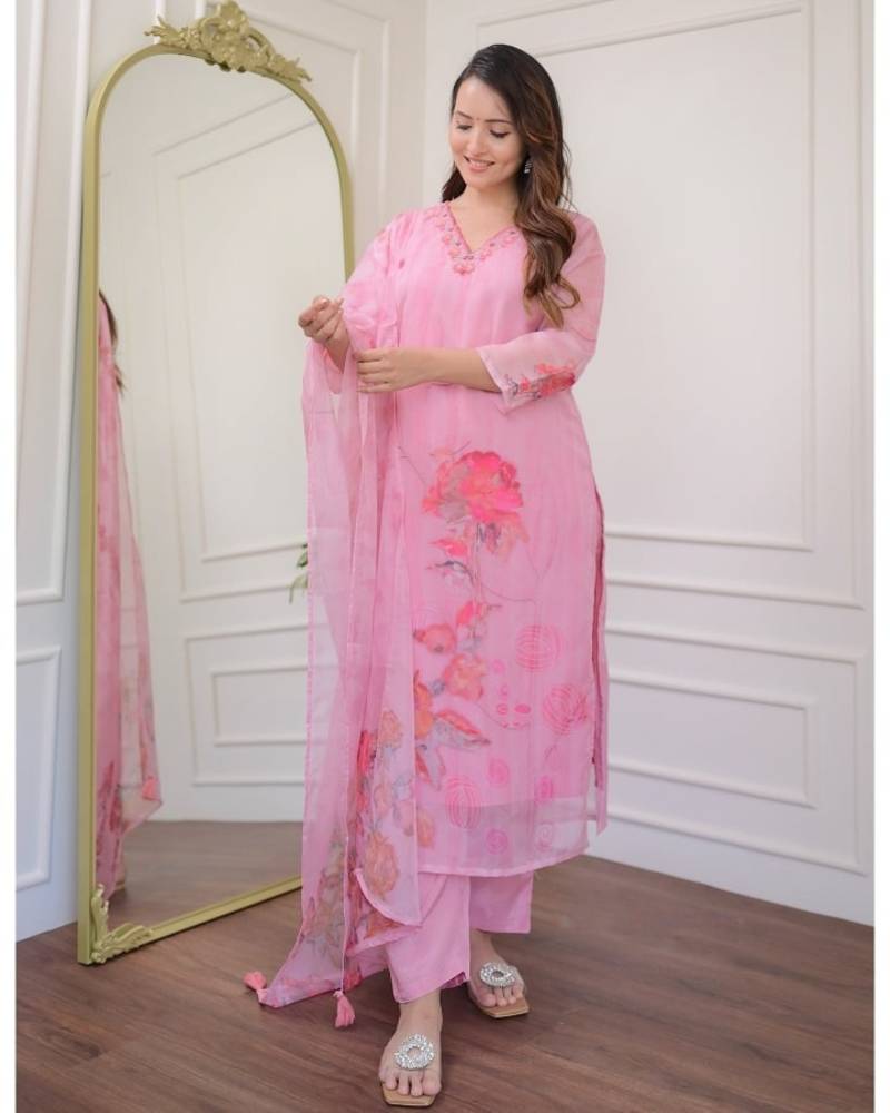 Organza Fabric Straight Kurta, Pant and Dupatta Set