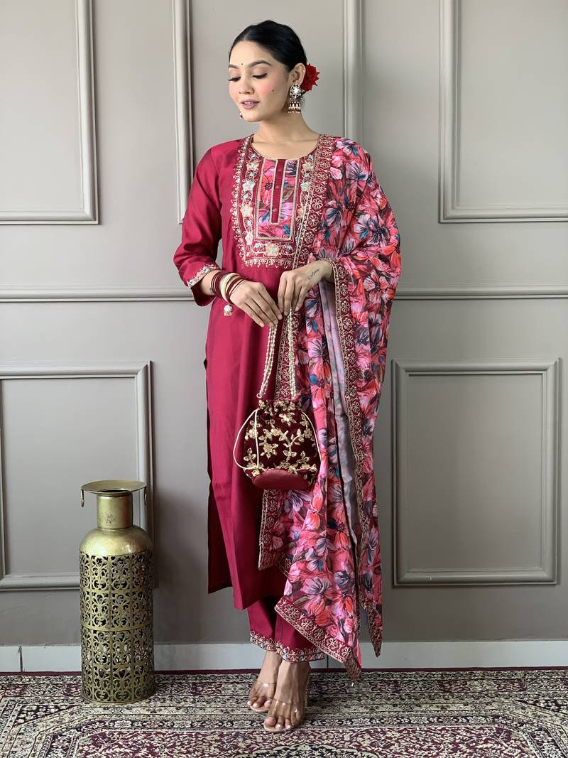 Women Chanderi Silk Embroidered Kurta Pant Dupatta Set