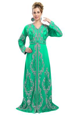 Sea-Green color full sleeves Handmade Moroccan Kaftan with Sun-proof hiijab 1