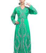 Sea-Green color luxurious full sleeves Handmade Moroccan Kaftan with Sun-proof hiijab.