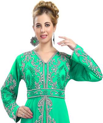 Sea-Green color full sleeves Handmade Moroccan Kaftan with Sun-proof hiijab 2