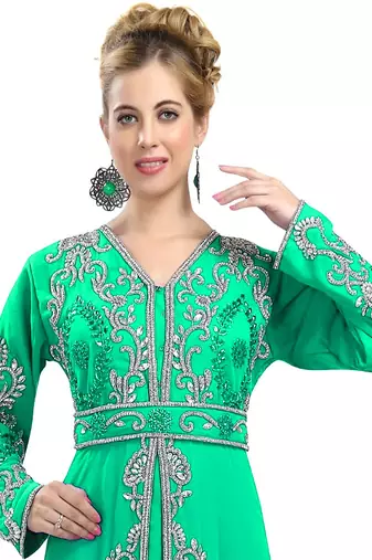 Sea-Green color full sleeves Handmade Moroccan Kaftan with Sun-proof hiijab