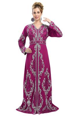 Wine color full sleeves Handmade Moroccan Kaftan with Sun-proof hiijab 1