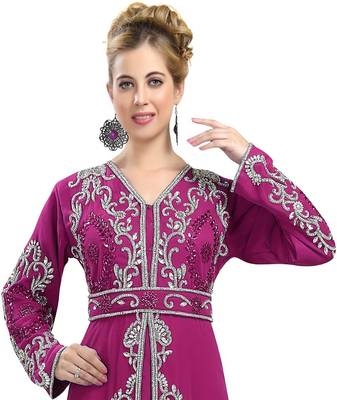 Wine color full sleeves Handmade Moroccan Kaftan with Sun-proof hiijab 2