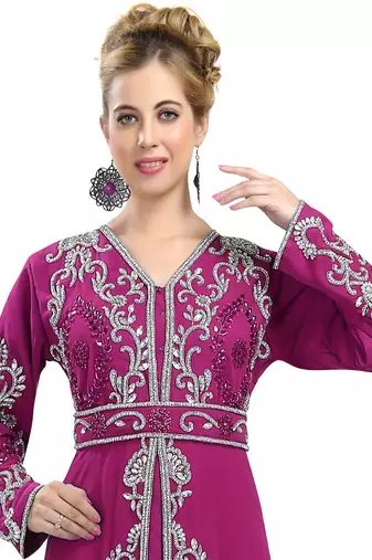 Wine color full sleeves Handmade Moroccan Kaftan with Sun-proof hiijab