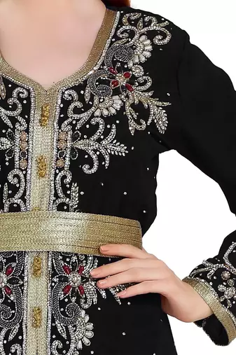 Black color full sleeves Handmade Moroccan Kaftan with Sun-proof hiijab
