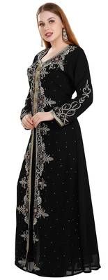 Black color full sleeves Handmade Moroccan Kaftan with Sun-proof hiijab 3