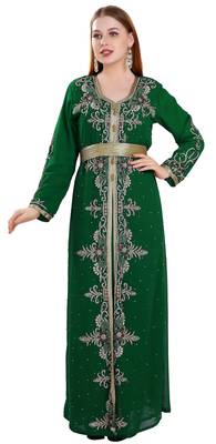 Dark Green color full sleeves Handmade Moroccan Kaftan with Sun-proof hiijab 1
