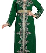 Dark Green color luxurious full sleeves Handmade Moroccan Kaftan with Sun-proof hiijab.