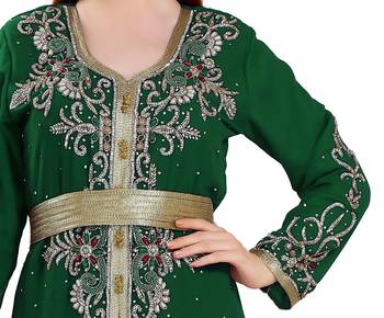 Dark Green color full sleeves Handmade Moroccan Kaftan with Sun-proof hiijab 2