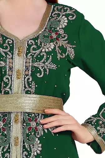 Dark Green color full sleeves Handmade Moroccan Kaftan with Sun-proof hiijab