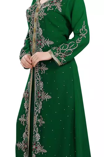 Dark Green color full sleeves Handmade Moroccan Kaftan with Sun-proof hiijab