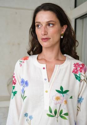 Women's Floral Printed Knee Length V Neck Linen Kurta And Pant Set (K140) 5