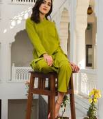 Women's Knee Length V Neck Chanderi Cotton Kurta And Pant Set (K141)