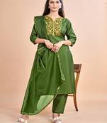 Women's Embroidered Worked Knee Length V Neck Silk Blend Kurta Set With Dupatta (K1001)